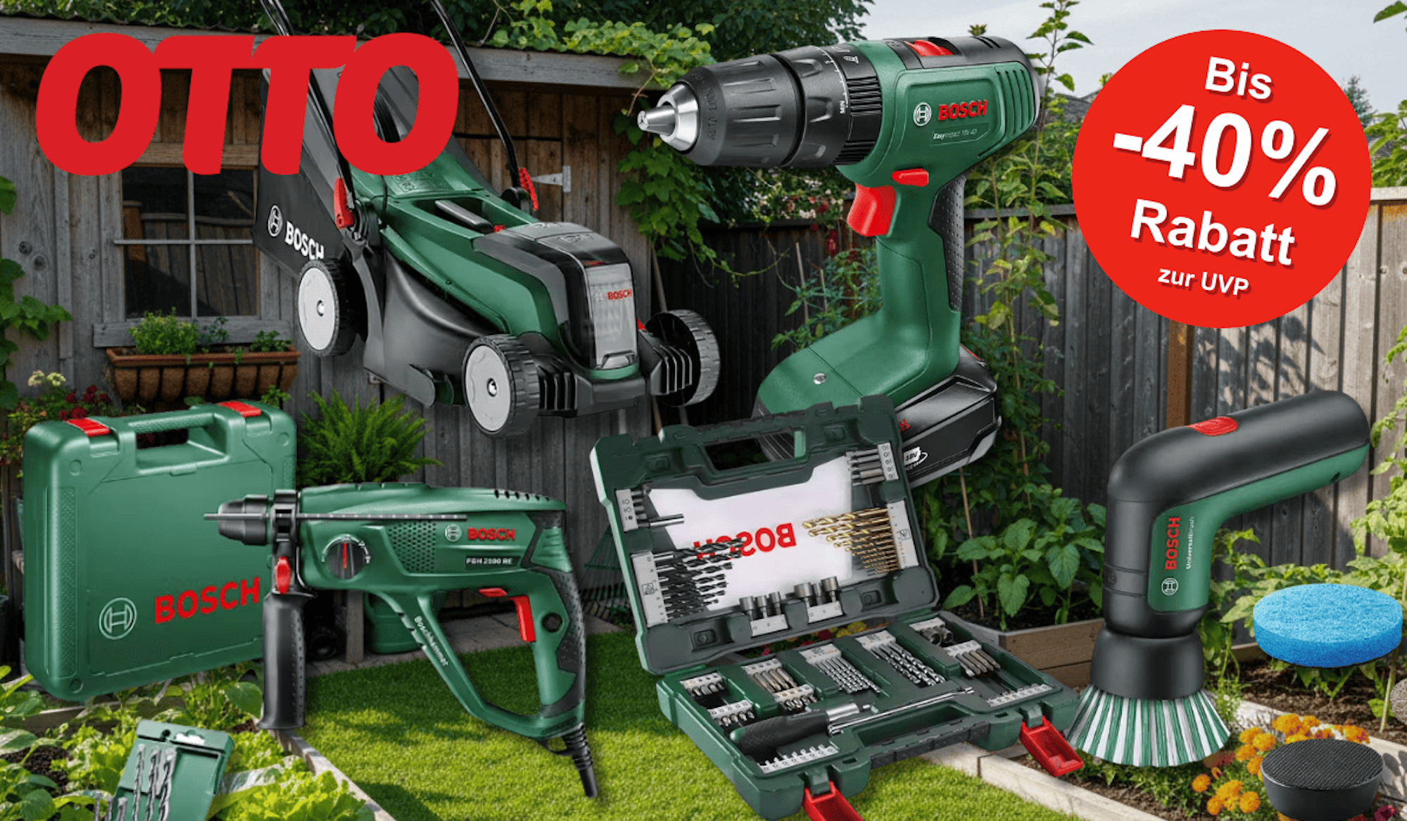 Verschiedene Bosch Home & Garden Produkte wie ein Rasenmäher, ein Bohrer, eine Bürst und mehr vor einem Garten Hintergrund.