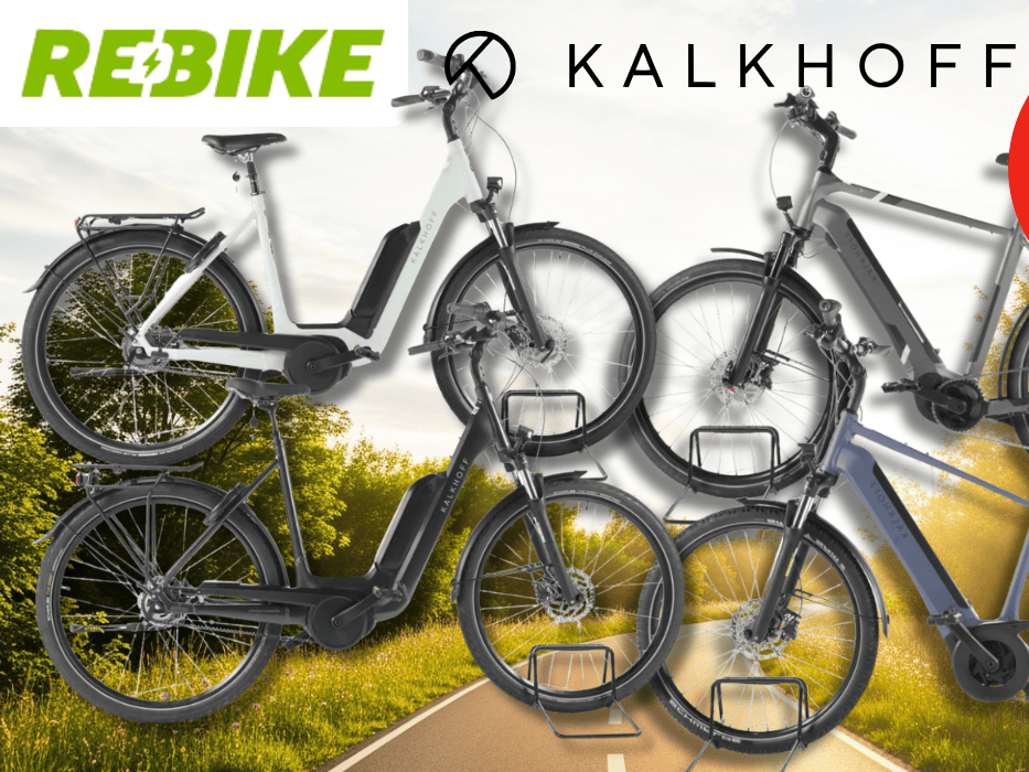 4 unterschiedliche E-Bikes von Kalkhoff vor einem Fahrradweg.