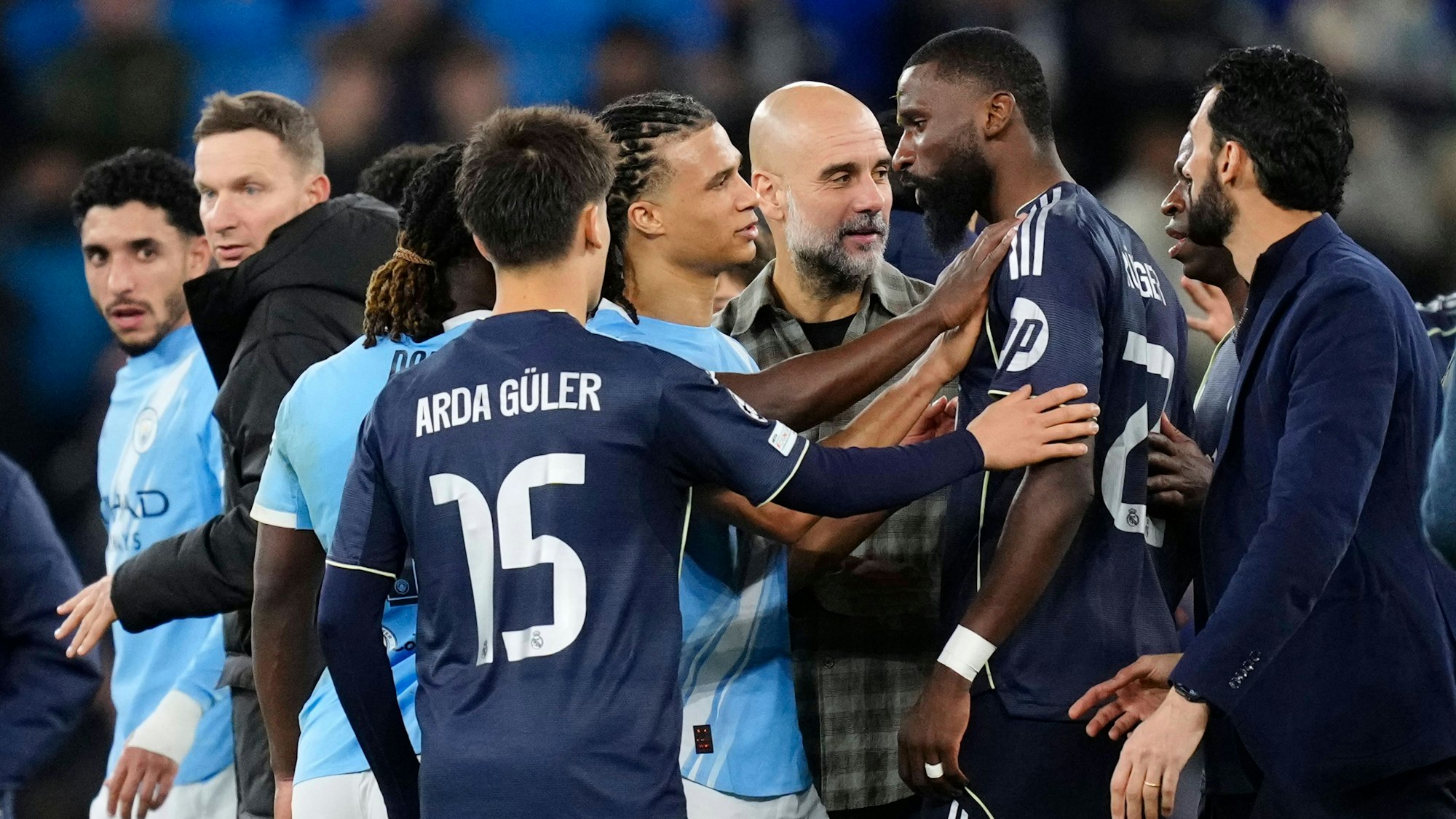 Aufeinandertreffen zwischen Pep Guardiola und Antonio Rüdiger.