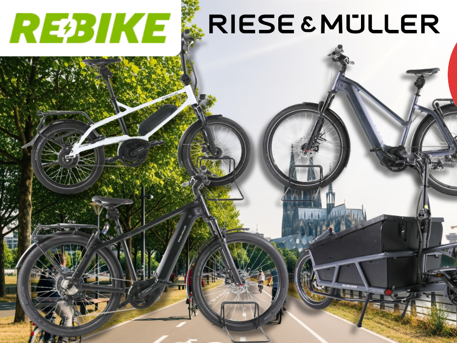 Vier verschiedene Riese & Müller E-Bikes vor einem Fahrradweg.