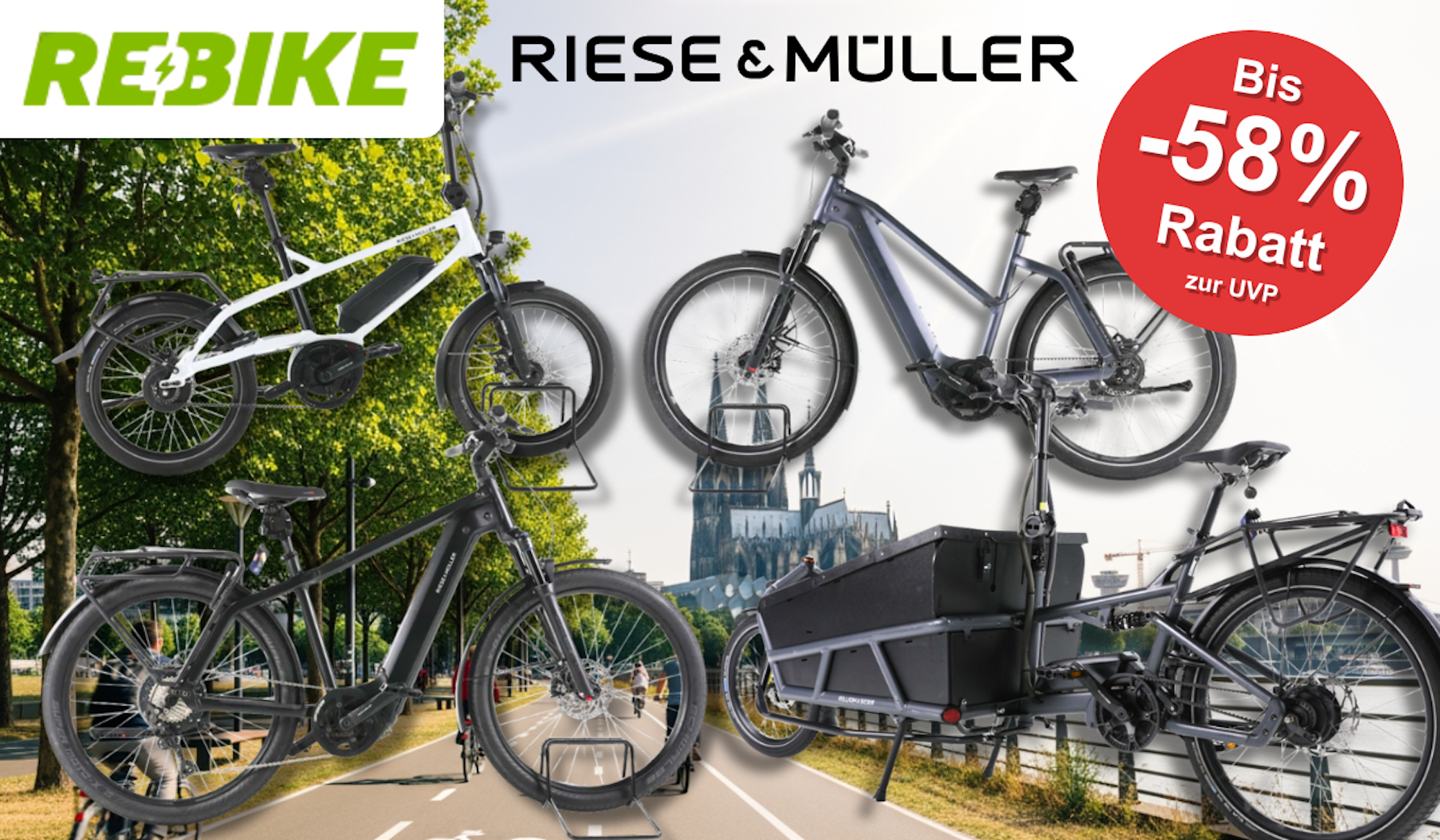 Vier verschiedene Riese & Müller E-Bikes vor einem Fahrradweg.