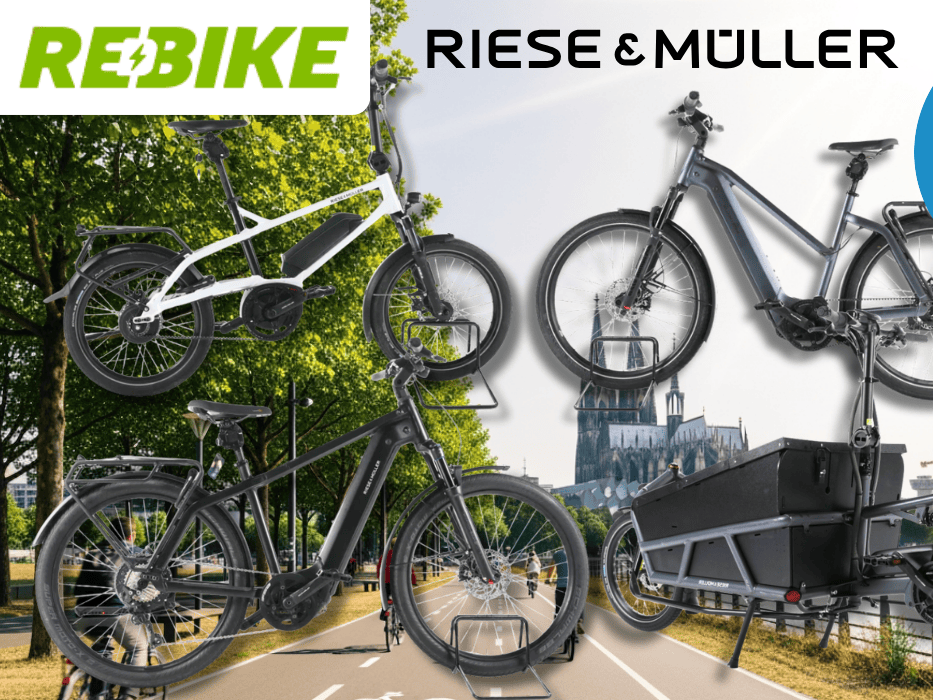 Vier verschiedene Riese & Müller E-Bikes vor einem Fahrradweg.