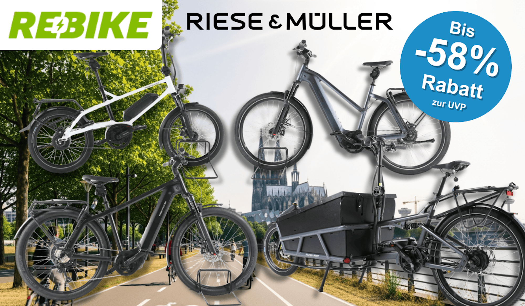 Vier verschiedene Riese & Müller E-Bikes vor einem Fahrradweg.