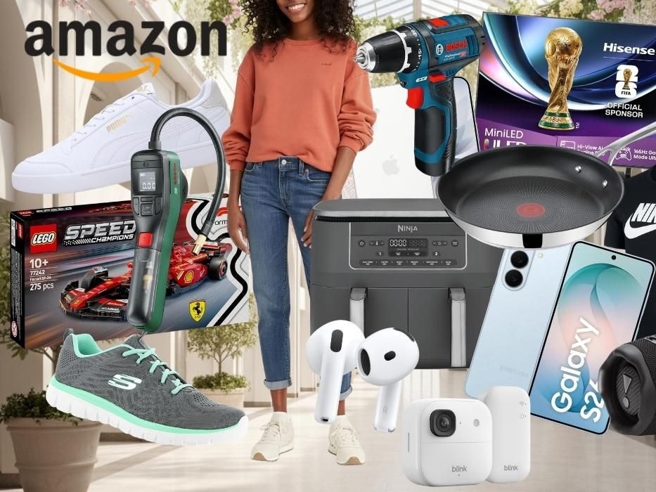 Bild für den Amazon After-Frühlingsangebote-Sale mit bis zu 67 % Rabatt zur UVP. Zu sehen sind verschiedene Produkte aus unterschiedlichen Kategorien: Puma-Sneaker, Skechers-Sportschuhe, ein LEGO Speed Champions Ferrari-Set, ein Bosch-Akkuschrauber, ein Einhell-Bohrschrauber, ein Hisense MiniLED-TV, ein Samsung Galaxy S22 Smartphone, ein Ninja Doppel-Airfryer, eine Tefal-Bratpfanne, Apple AirPods, eine Blink-Überwachungskamera, ein JBL Bluetooth-Lautsprecher sowie ein Nike T-Shirt. Im Hintergrund eine helle Shoppingpassage.