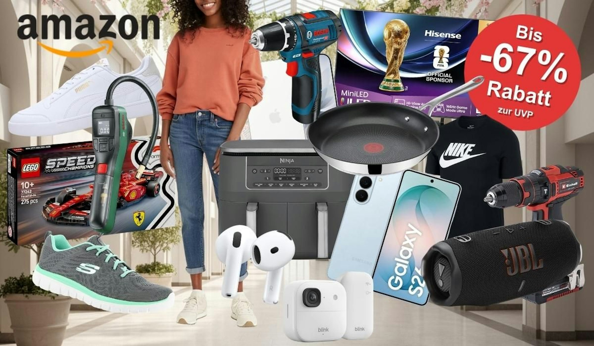 Bild für den Amazon After-Frühlingsangebote-Sale mit bis zu 67 % Rabatt zur UVP. Zu sehen sind verschiedene Produkte aus unterschiedlichen Kategorien: Puma-Sneaker, Skechers-Sportschuhe, ein LEGO Speed Champions Ferrari-Set, ein Bosch-Akkuschrauber, ein Einhell-Bohrschrauber, ein Hisense MiniLED-TV, ein Samsung Galaxy S22 Smartphone, ein Ninja Doppel-Airfryer, eine Tefal-Bratpfanne, Apple AirPods, eine Blink-Überwachungskamera, ein JBL Bluetooth-Lautsprecher sowie ein Nike T-Shirt. Im Hintergrund eine helle Shoppingpassage.