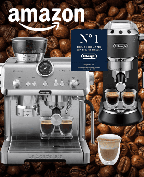 2 De'Longhi Siebträgermaschinen und 2 Kaffeevollautomaten vor ganz vielen Kaffeebohnen.