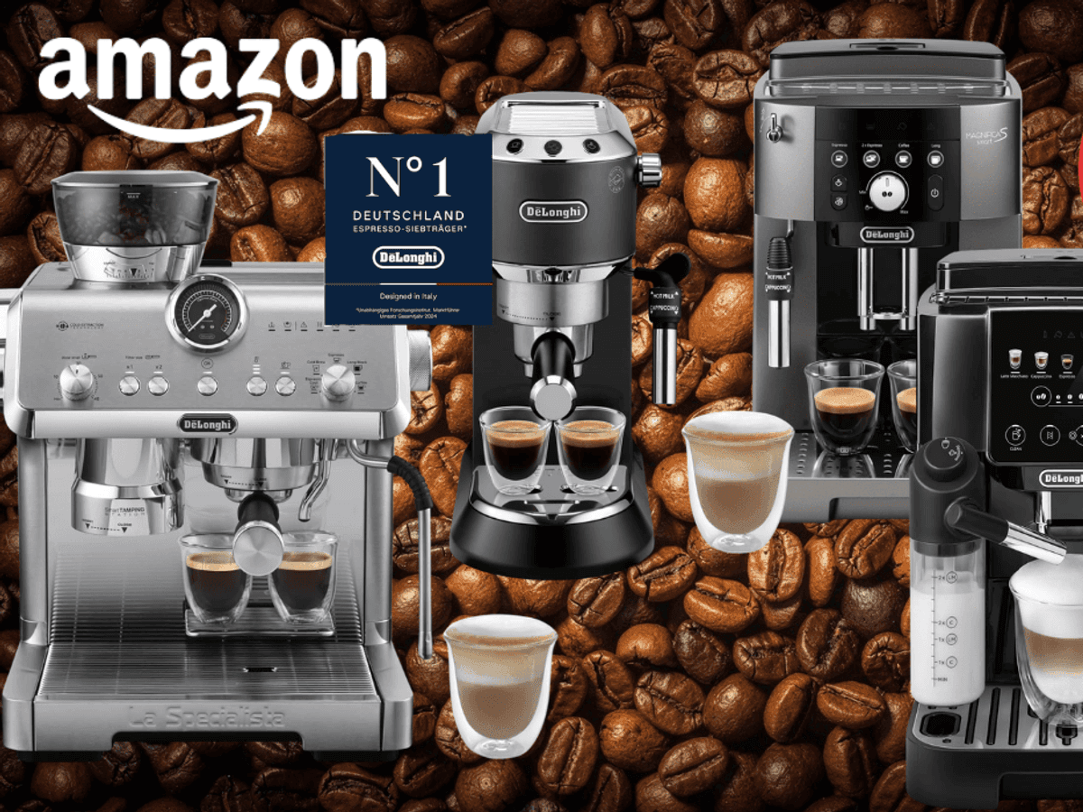 2 De'Longhi Siebträgermaschinen und 2 Kaffeevollautomaten vor ganz vielen Kaffeebohnen.