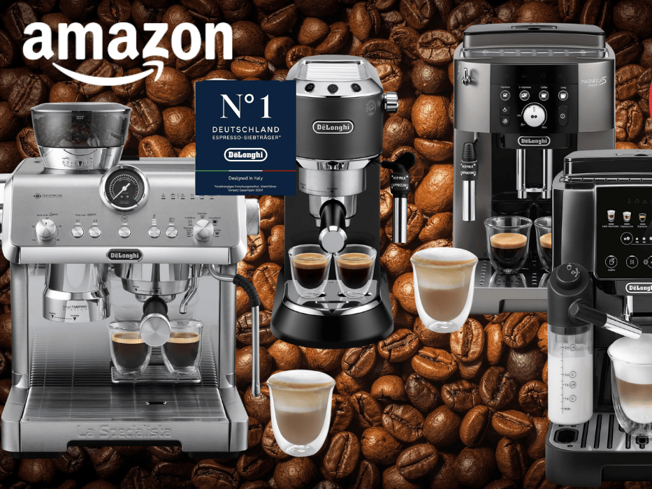 2 De'Longhi Siebträgermaschinen und 2 Kaffeevollautomaten vor ganz vielen Kaffeebohnen.