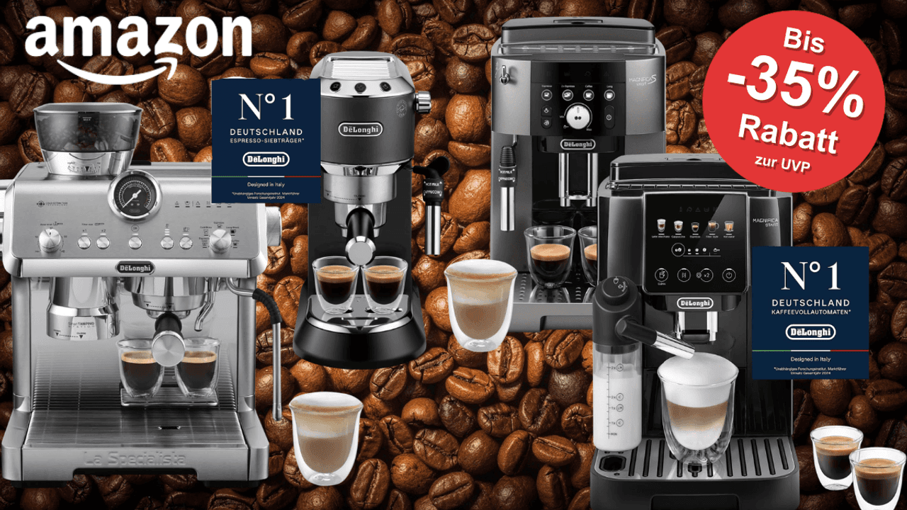2 De'Longhi Siebträgermaschinen und 2 Kaffeevollautomaten vor ganz vielen Kaffeebohnen.