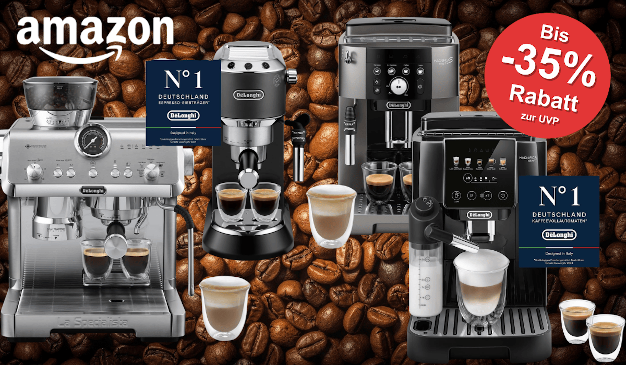 2 De'Longhi Siebträgermaschinen und 2 Kaffeevollautomaten vor ganz vielen Kaffeebohnen.