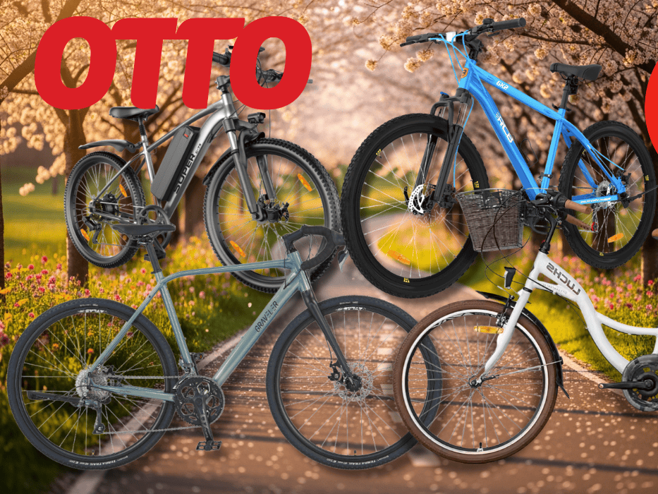 4 verschiedene Fahrräder vor einem frühlingshaften Hintergrund.