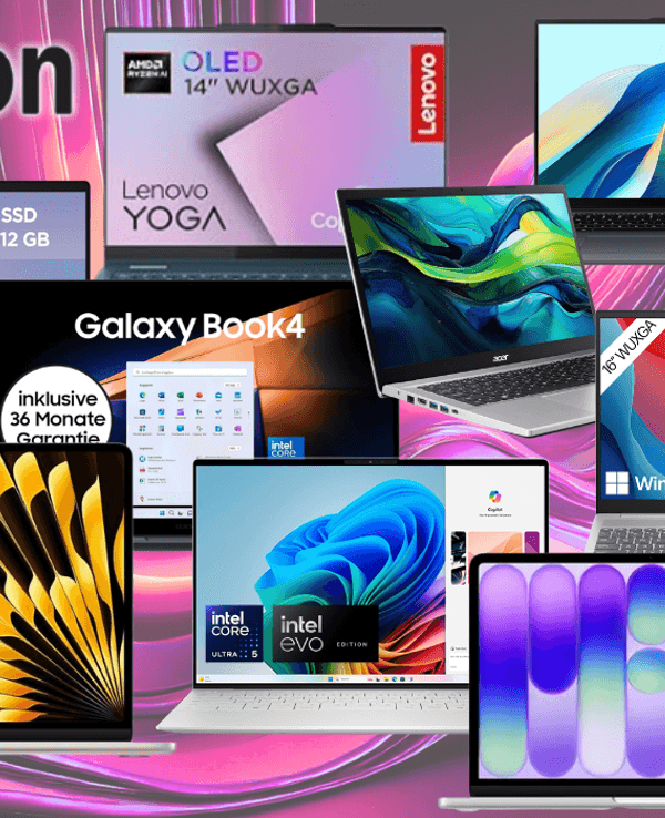 Darstellung verschiedener Laptop Modelle von Apple, Samsung, HP, Dell, Lenovo und Acer vor einem bunten Hintergrund in Wellen Optik.