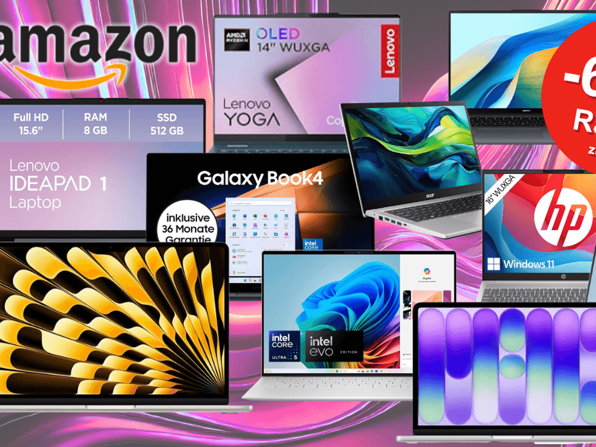 Darstellung verschiedener Laptop Modelle von Apple, Samsung, HP, Dell, Lenovo und Acer vor einem bunten Hintergrund in Wellen Optik.