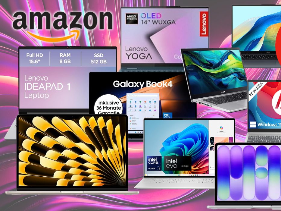 Darstellung verschiedener Laptop Modelle von Apple, Samsung, HP, Dell, Lenovo und Acer vor einem bunten Hintergrund in Wellen Optik.