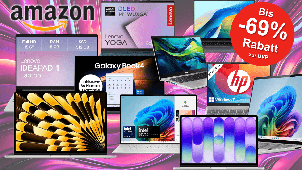 Darstellung verschiedener Laptop Modelle von Apple, Samsung, HP, Dell, Lenovo und Acer vor einem bunten Hintergrund in Wellen Optik.