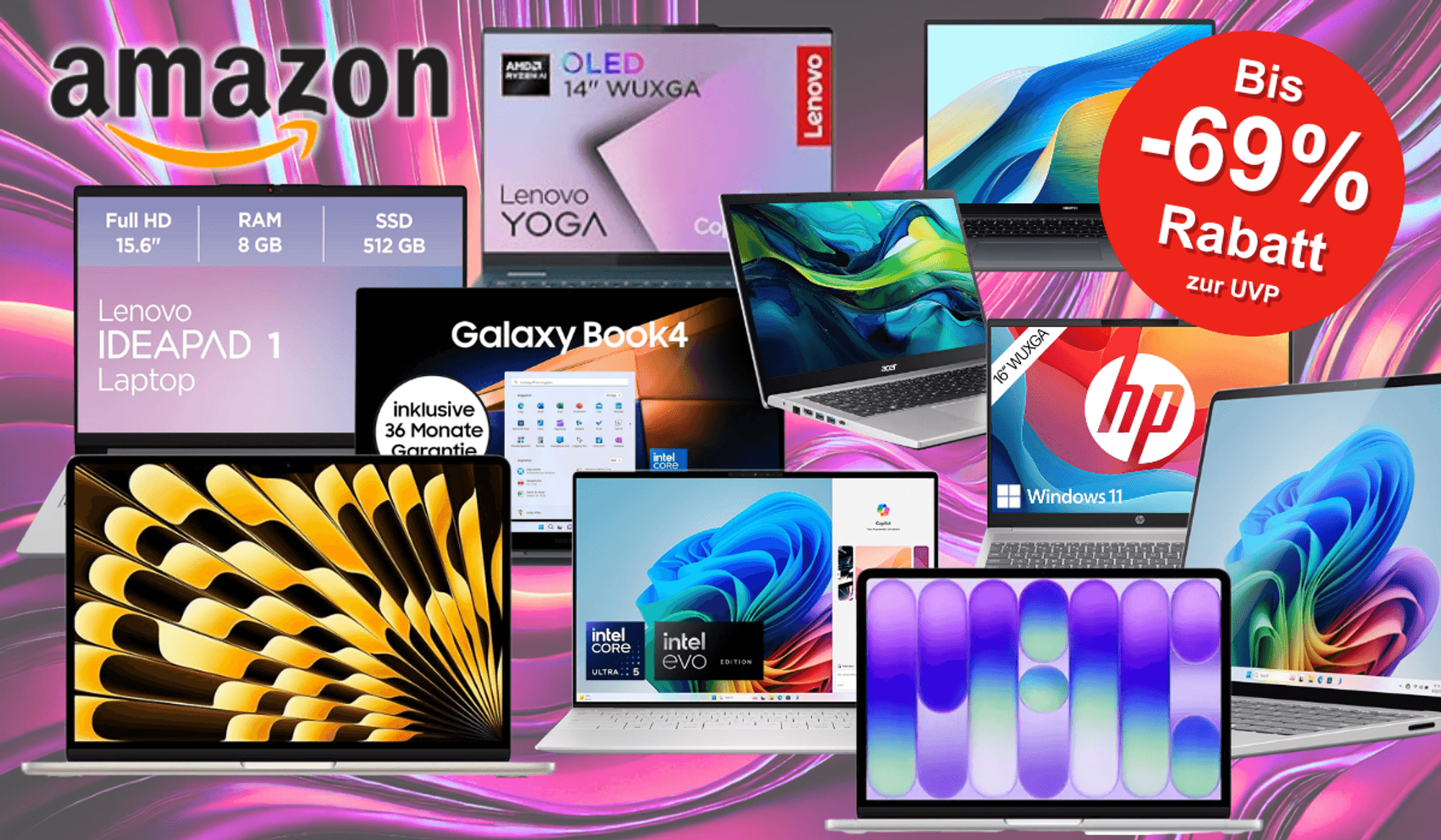 Darstellung verschiedener Laptop Modelle von Apple, Samsung, HP, Dell, Lenovo und Acer vor einem bunten Hintergrund in Wellen Optik.