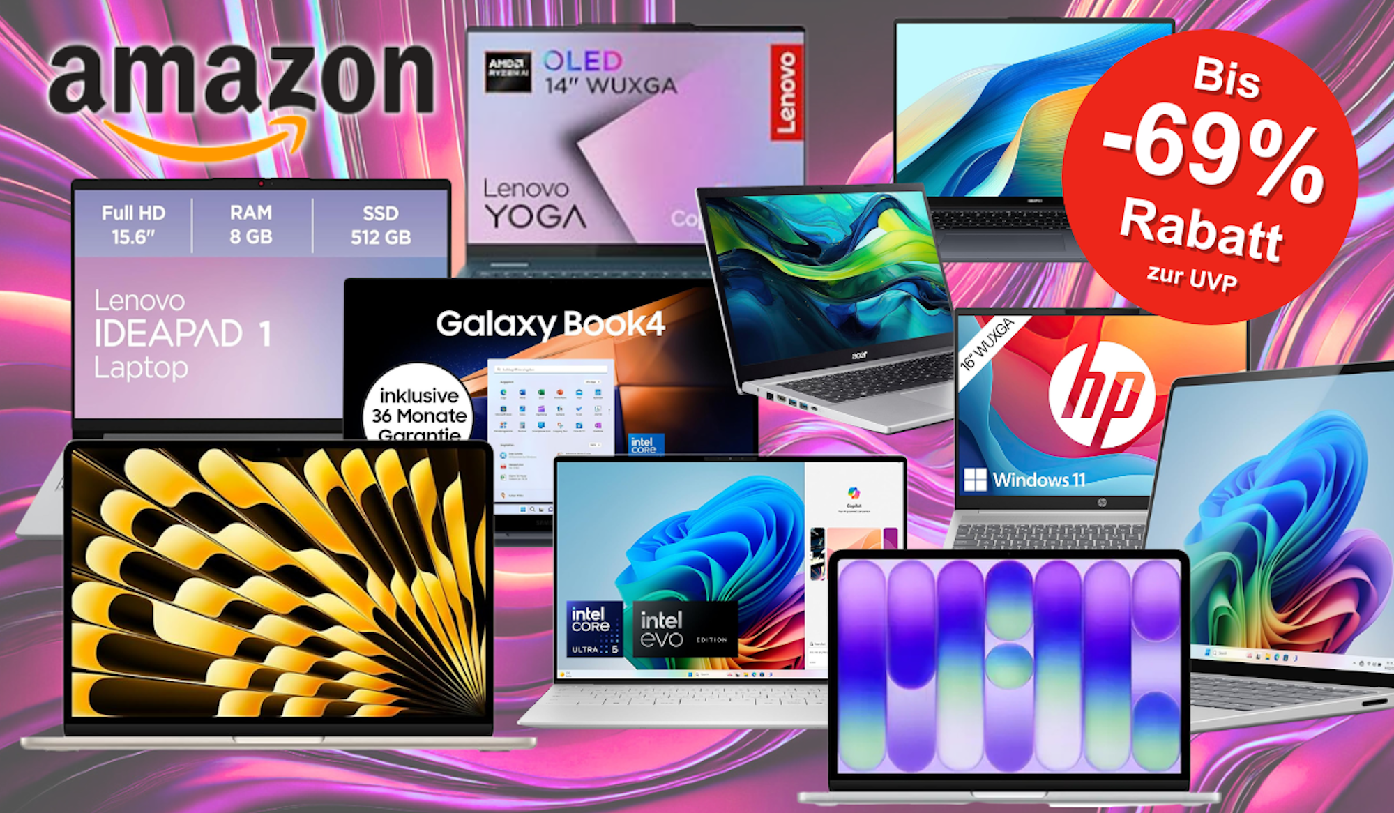 Darstellung verschiedener Laptop Modelle von Apple, Samsung, HP, Dell, Lenovo und Acer vor einem bunten Hintergrund in Wellen Optik.