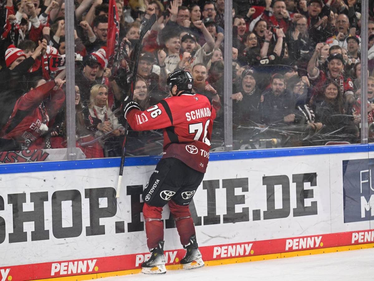 Nate Schnarr jubelt mit den Haie-Fans über ein Tor.