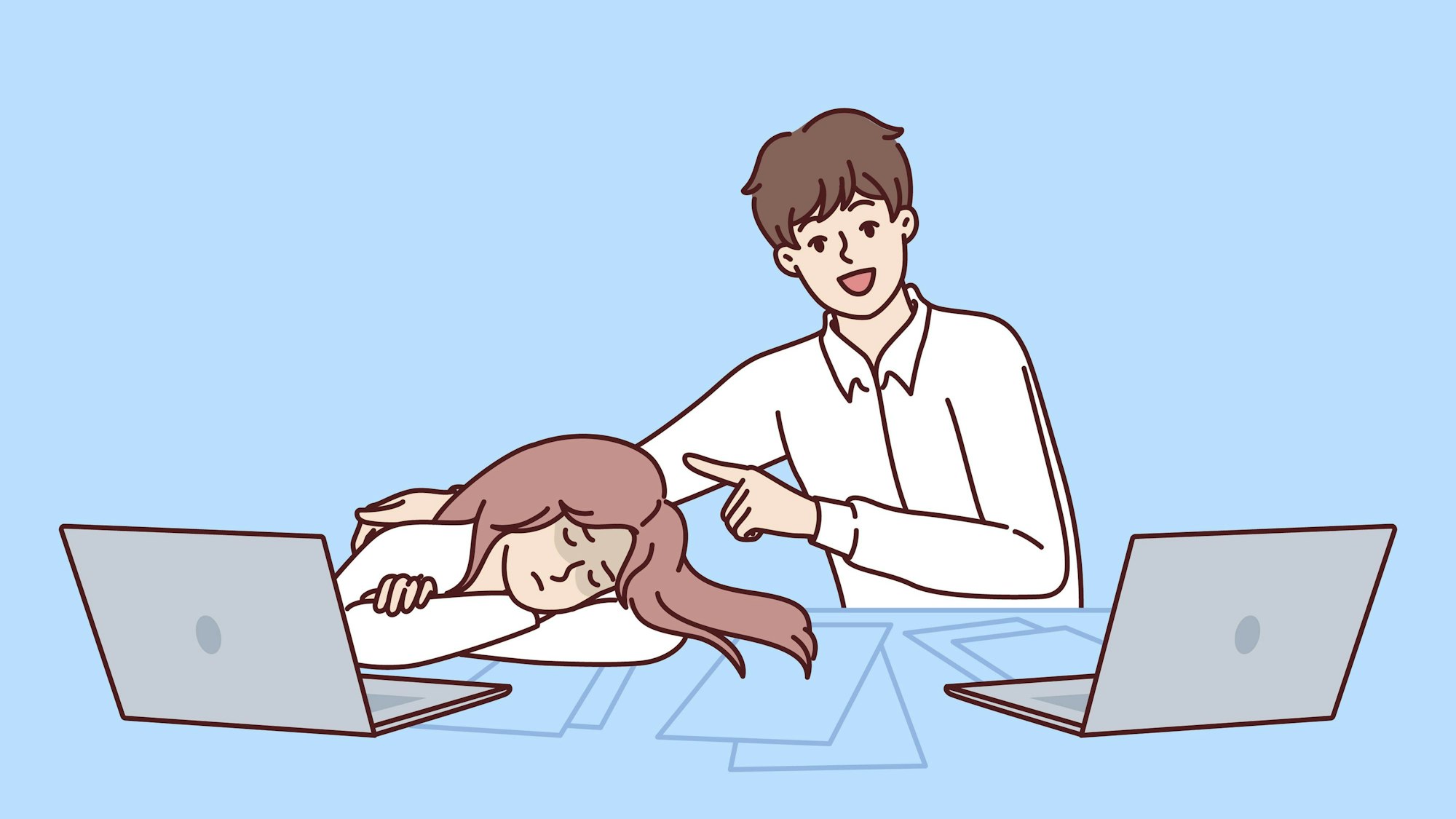 Schüler zeigt auf schlafende Klassenkameradin am Tisch