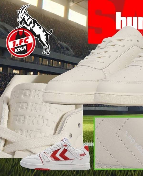 hummel Sneaker im 1. FC Köln Design vor Stadion-Hintergrund – darunter der hummel Lifestyle Sneaker in Cremeweiß mit geprägtem „1. FC Köln"-Schriftzug auf der Zunge und rotem hummel-Logo an der Ferse, sowie der hummel Sneaker in leuchtendem Rot mit weißen Chevrons und brauner Gummisohle. Oben links das 1. FC Köln Logo mit Geißbock, oben mittig der hummel-Schriftzug auf rotem Hintergrund.