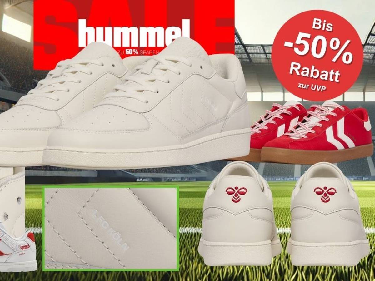 hummel Sneaker im 1. FC Köln Design vor Stadion-Hintergrund – darunter der hummel Lifestyle Sneaker in Cremeweiß mit geprägtem „1. FC Köln"-Schriftzug auf der Zunge und rotem hummel-Logo an der Ferse, sowie der hummel Sneaker in leuchtendem Rot mit weißen Chevrons und brauner Gummisohle. Oben links das 1. FC Köln Logo mit Geißbock, oben mittig der hummel-Schriftzug auf rotem Hintergrund.