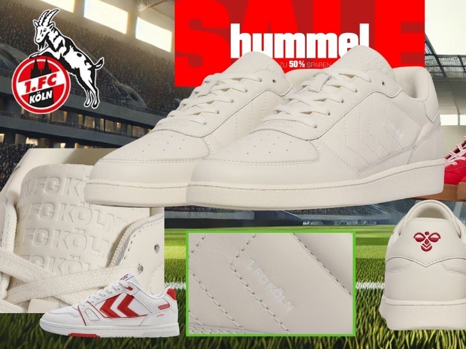 Collage mit mehreren hummel Sneakern im 1. FC Köln Design vor Stadion-Hintergrund – darunter der hummel Lifestyle Sneaker in Cremeweiß mit geprägtem „1. FC Köln"-Schriftzug auf der Zunge und rotem hummel-Logo an der Ferse, sowie der hummel Sneaker in leuchtendem Rot mit weißen Chevrons und brauner Gummisohle. Oben links das 1. FC Köln Logo mit Geißbock, oben mittig der hummel-Schriftzug auf rotem Hintergrund, oben rechts ein roter Badge mit der Aufschrift „Bis -50% Rabatt zur UVP".