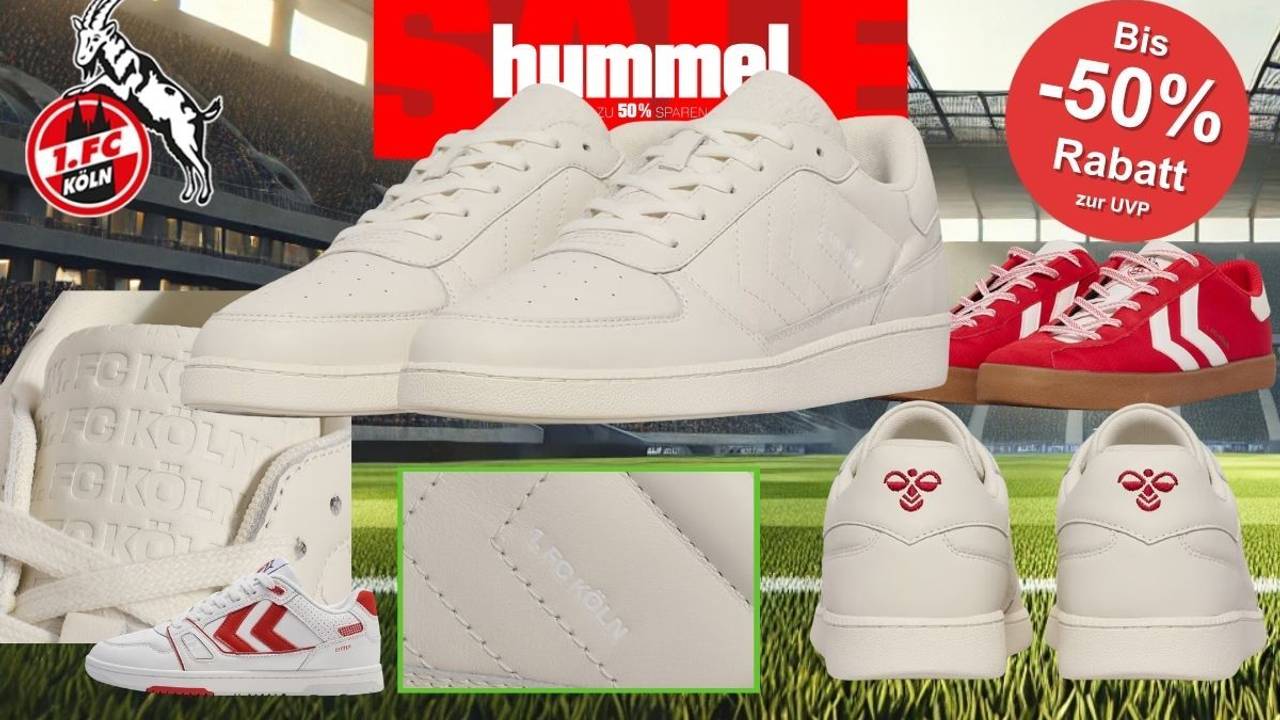hummel Sneaker im 1. FC Köln Design vor Stadion-Hintergrund – darunter der hummel Lifestyle Sneaker in Cremeweiß mit geprägtem „1. FC Köln"-Schriftzug auf der Zunge und rotem hummel-Logo an der Ferse, sowie der hummel Sneaker in leuchtendem Rot mit weißen Chevrons und brauner Gummisohle. Oben links das 1. FC Köln Logo mit Geißbock, oben mittig der hummel-Schriftzug auf rotem Hintergrund.