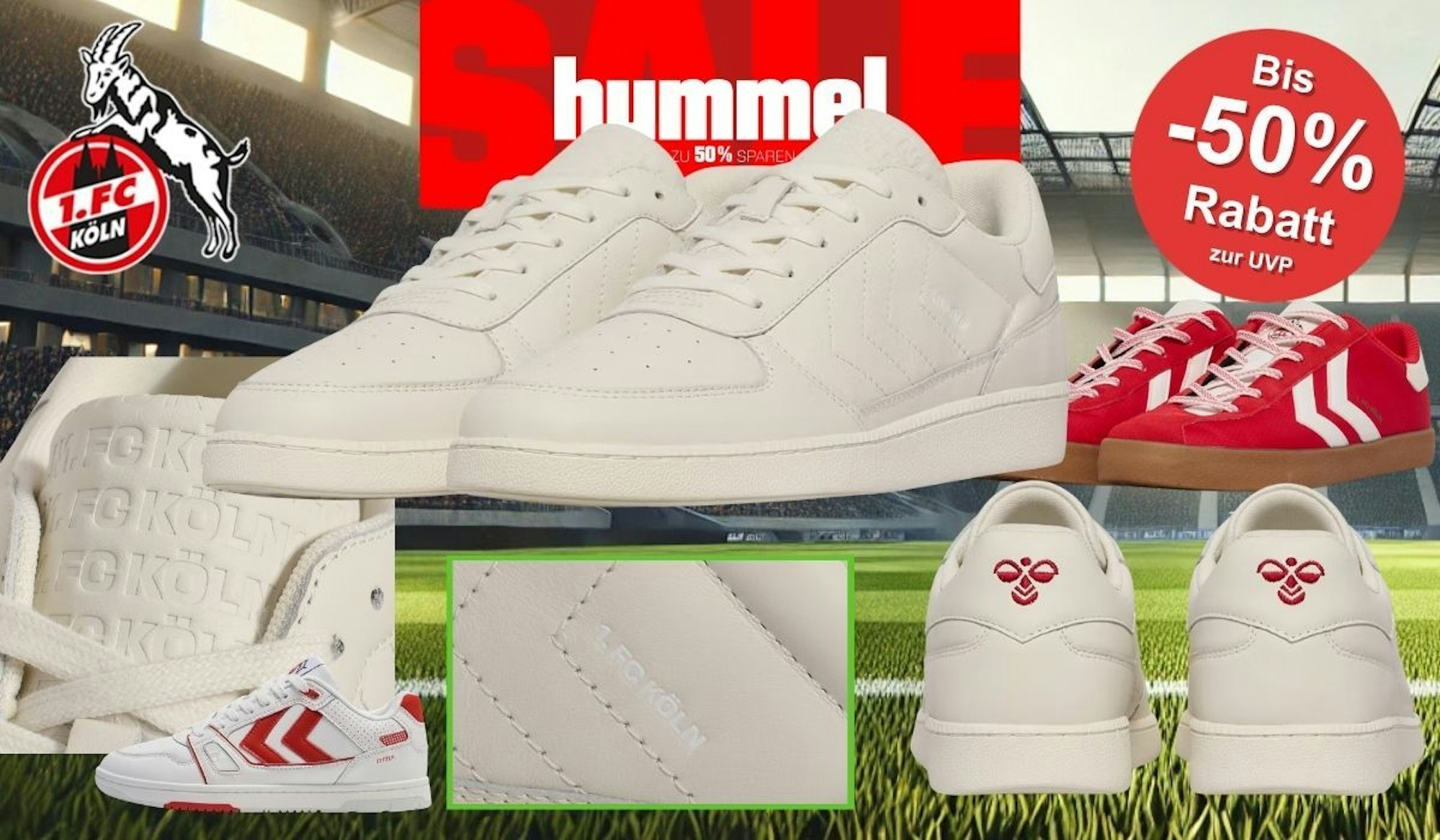 Collage mit mehreren hummel Sneakern im 1. FC Köln Design vor Stadion-Hintergrund – darunter der hummel Lifestyle Sneaker in Cremeweiß mit geprägtem „1. FC Köln"-Schriftzug auf der Zunge und rotem hummel-Logo an der Ferse, sowie der hummel Sneaker in leuchtendem Rot mit weißen Chevrons und brauner Gummisohle. Oben links das 1. FC Köln Logo mit Geißbock, oben mittig der hummel-Schriftzug auf rotem Hintergrund, oben rechts ein roter Badge mit der Aufschrift „Bis -50% Rabatt zur UVP".