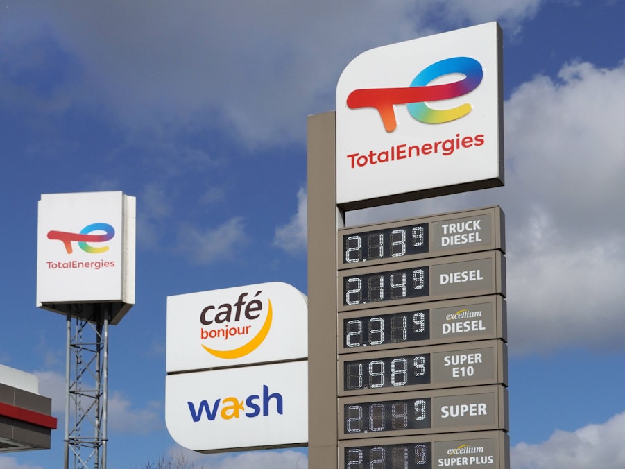 Tankstelle mit Preisanzeige und Werbeschildern