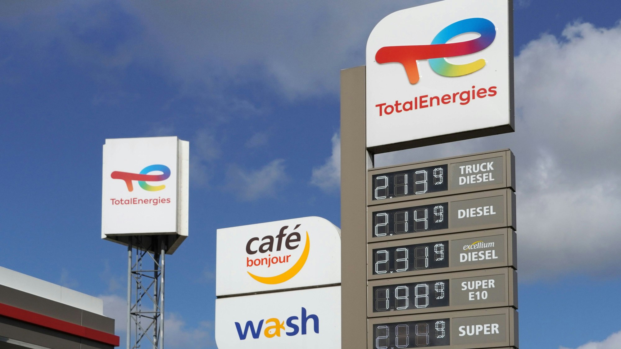 Tankstelle mit Preisanzeige und Werbeschildern