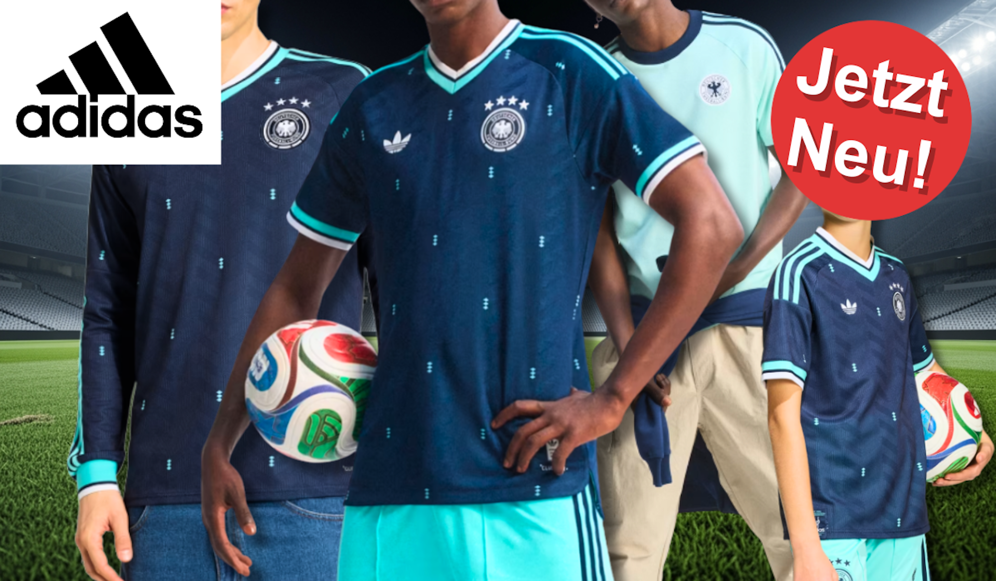 Models die das neue Deutschland 26 Auswärtstrikot tragen.