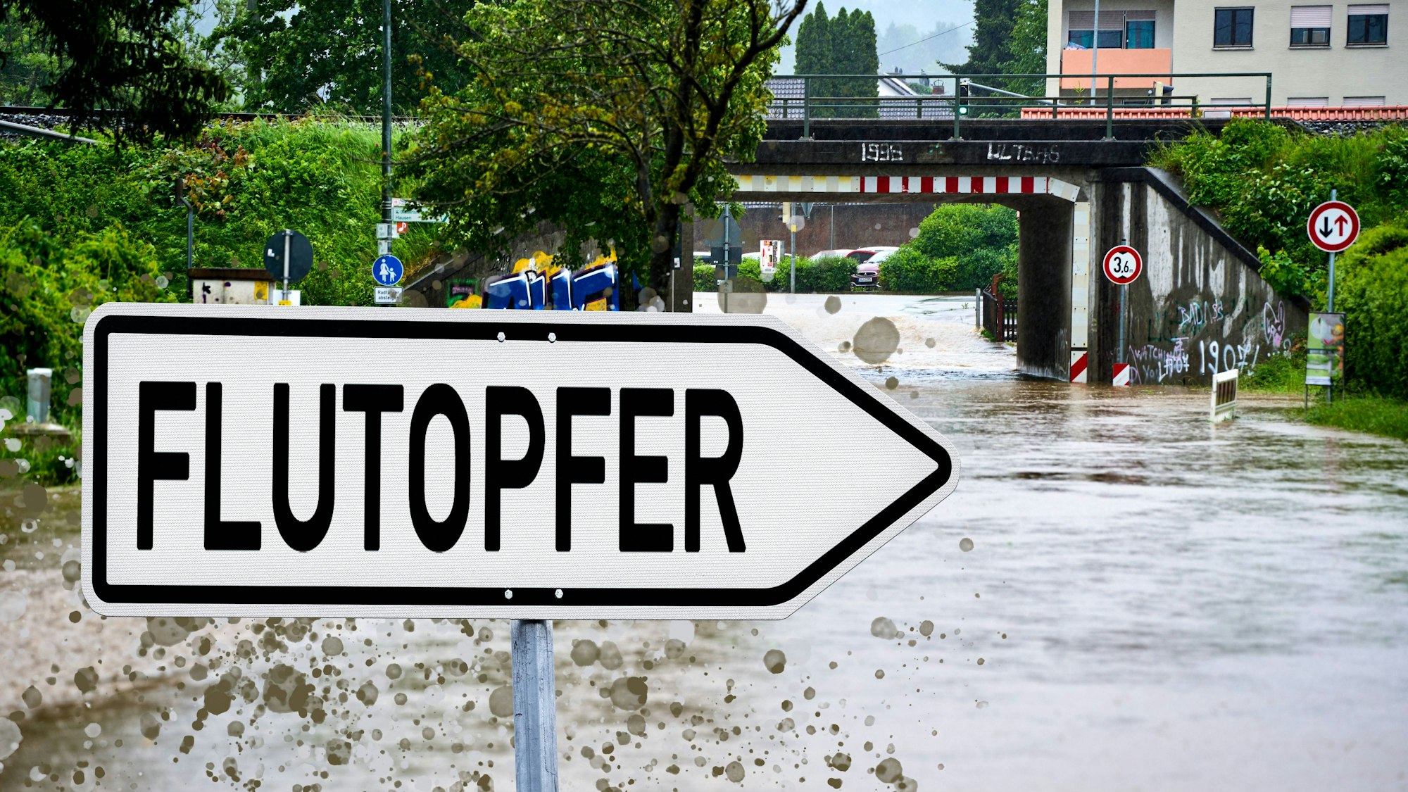 Flutopfer-Schild, Hochwasser, Überführung und Wohnhäuser