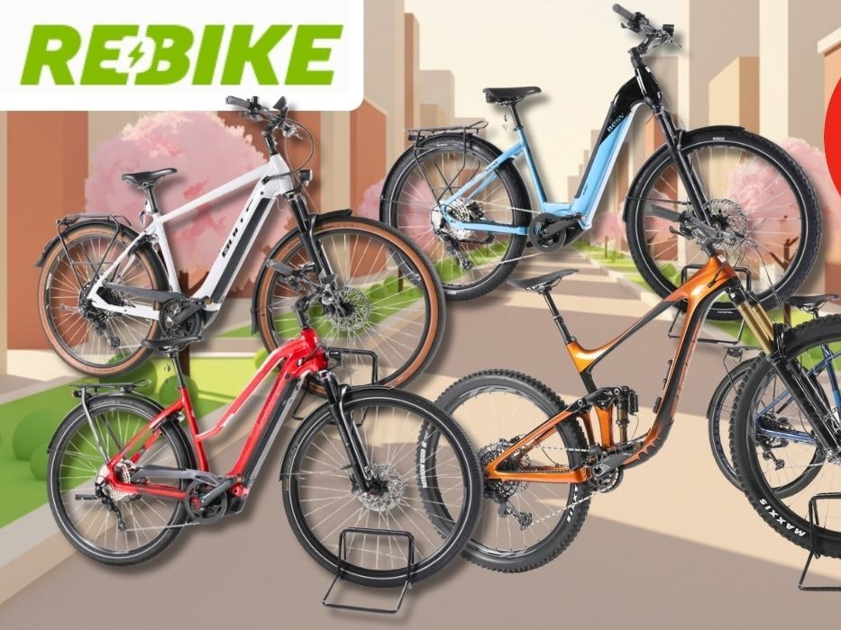 Fünf verschiedene E-Bikes vor einem illustrierten frühlingshaften Stadthintergrund mit Kirschblüten: ein weißes E-Trekkingrad, ein hellblaues E-Cityrad mit Gepäckträger, ein rotes E-Trekkingrad, ein orangefarbenes E-Mountainbike mit Fully-Rahmen sowie ein blaues Fatbike mit breiten Maxxis-Reifen. Oben links das grüne Rebike-Logo.