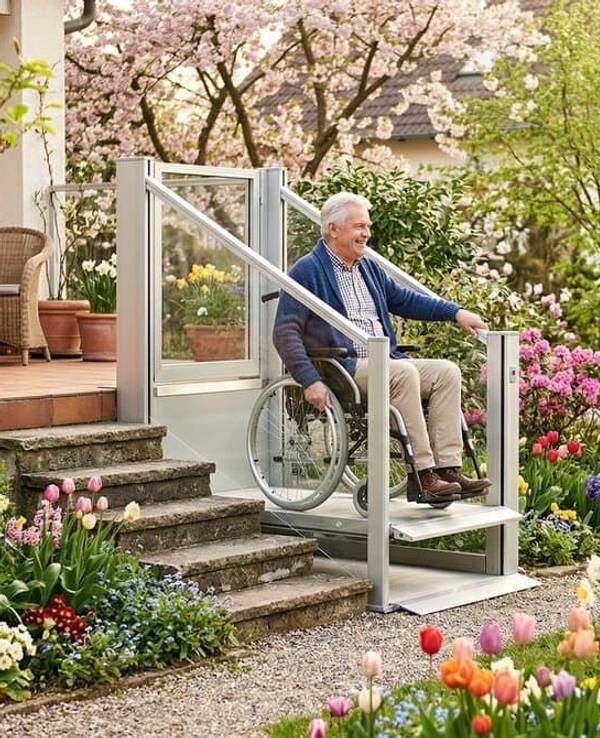 Ein Senioren-Paar im Garten. Der Mann sitzt im Rollstuhl auf einem Hublift.