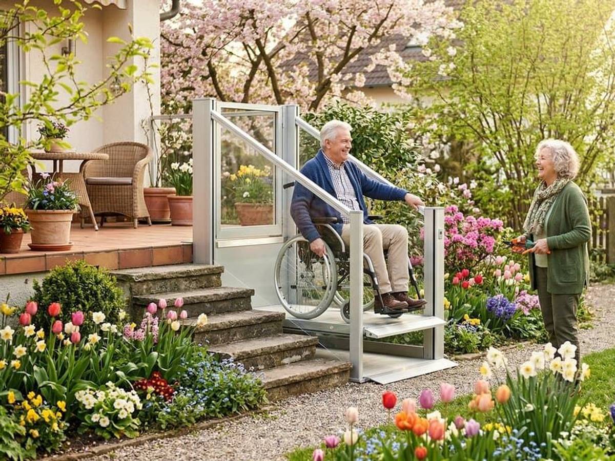 Ein Senioren-Paar im Garten. Der Mann sitzt im Rollstuhl auf einem Hublift.