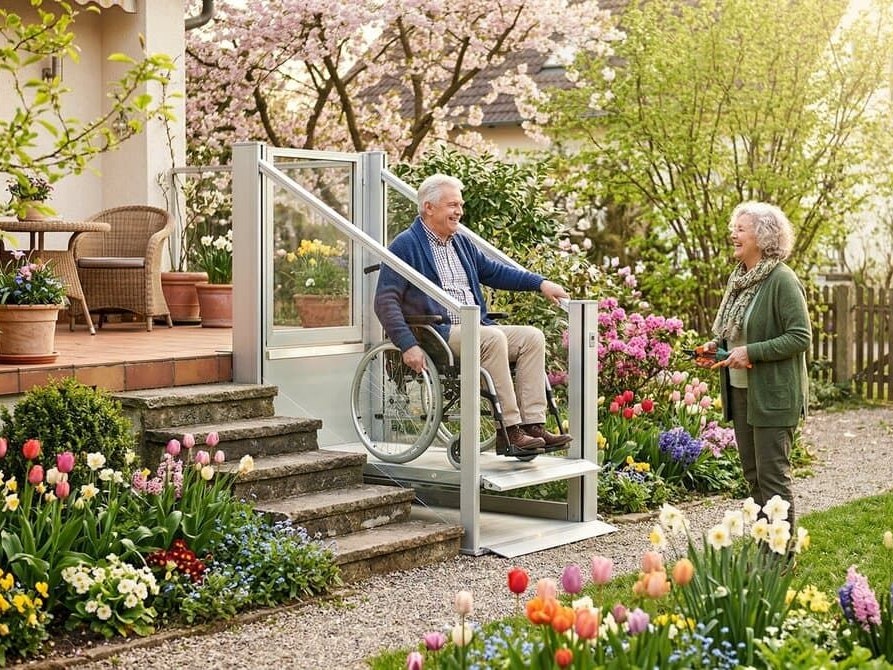 Ein Senioren-Paar im Garten. Der Mann sitzt im Rollstuhl auf einem Hublift.