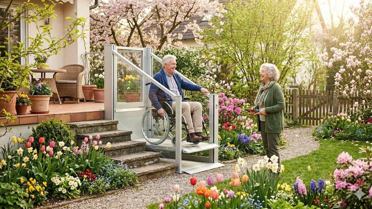 Ein Senioren-Paar im Garten. Der Mann sitzt im Rollstuhl auf einem Hublift.