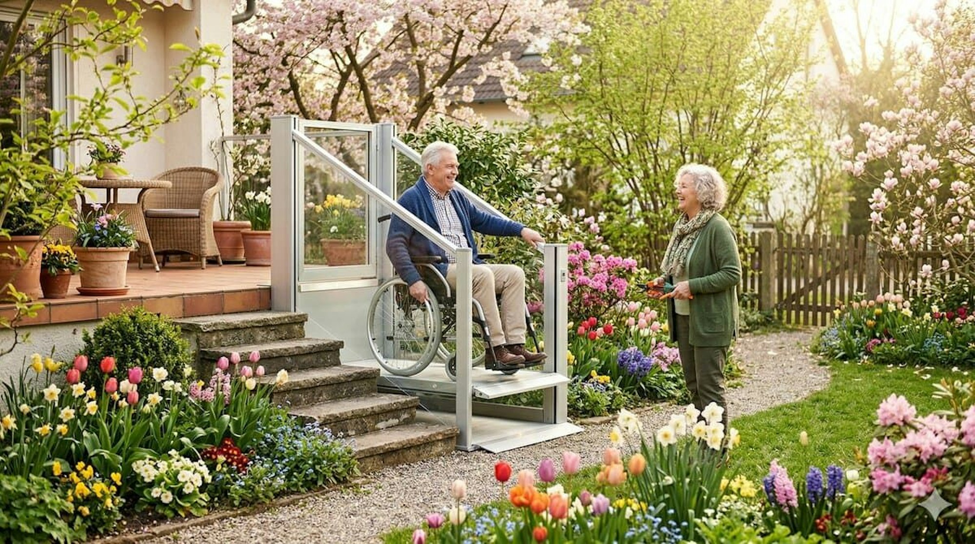 Ein Senioren-Paar im Garten. Der Mann sitzt im Rollstuhl auf einem Hublift.