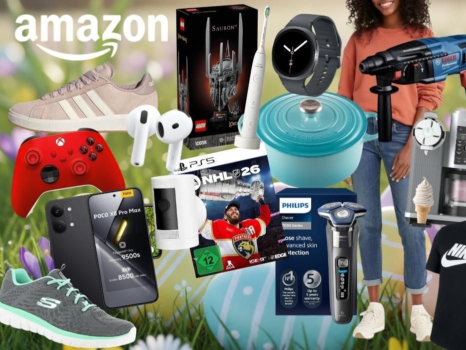 Amazon Oster-Angebote 2026: Collage mit reduzierten Produkten wie Sneaker, AirPods, LEGO, Smartwatch, Le Creuset Topf, Philips Rasierer, Ninja Airfryer, JBL Lautsprecher, Nike Shirt, Xbox Controller, PS5-Spiel und Bosch Bohrmaschine – mit rotem Badge „Bis -65% Rabatt zur UVP" vor frühlingshaftem Hintergrund mit Krokussen und Ostereiern.