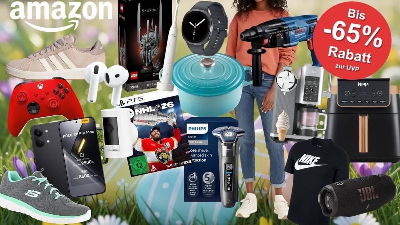 Amazon Oster-Angebote 2026: Collage mit reduzierten Produkten wie Sneaker, AirPods, LEGO, Smartwatch, Le Creuset Topf, Philips Rasierer, Ninja Airfryer, JBL Lautsprecher, Nike Shirt, Xbox Controller, PS5-Spiel und Bosch Bohrmaschine – mit rotem Badge „Bis -65% Rabatt zur UVP" vor frühlingshaftem Hintergrund mit Krokussen und Ostereiern.
