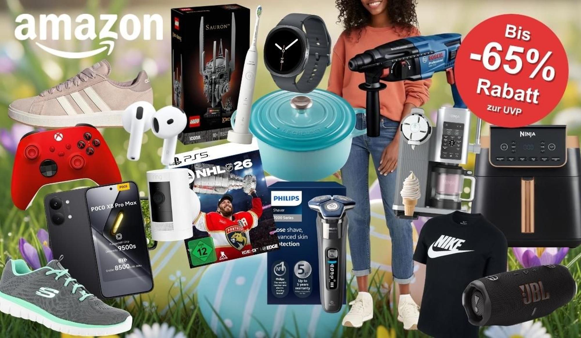 Amazon Oster-Angebote 2026: Collage mit reduzierten Produkten wie Sneaker, AirPods, LEGO, Smartwatch, Le Creuset Topf, Philips Rasierer, Ninja Airfryer, JBL Lautsprecher, Nike Shirt, Xbox Controller, PS5-Spiel und Bosch Bohrmaschine – mit rotem Badge „Bis -65% Rabatt zur UVP" vor frühlingshaftem Hintergrund mit Krokussen und Ostereiern.