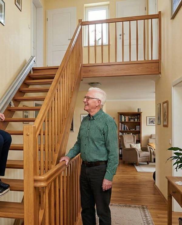 Eine Seniorin sitzt auf einem Treppenlift und fährt die Treppe eines Hauses hoch.