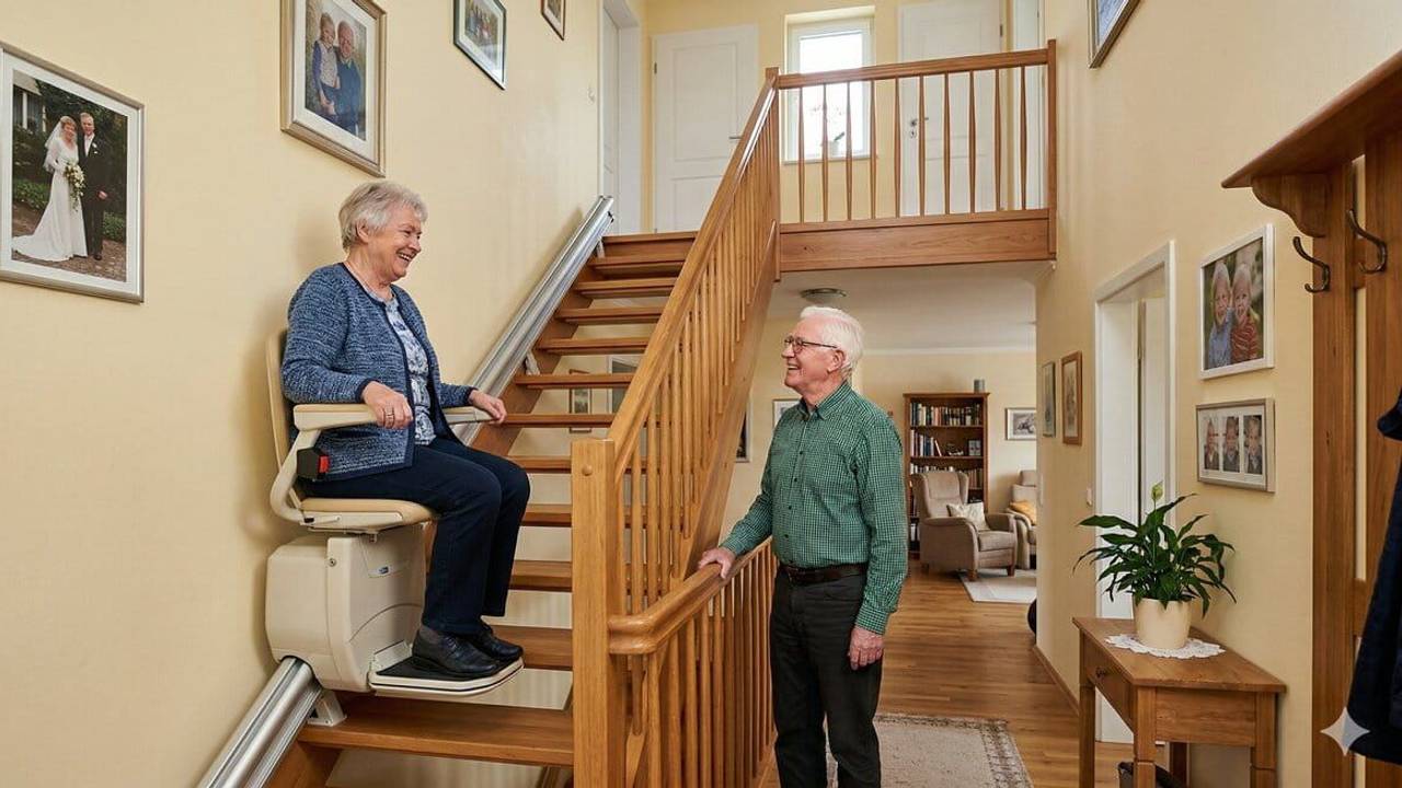 Eine Seniorin sitzt auf einem Treppenlift und fährt die Treppe eines Hauses hoch.