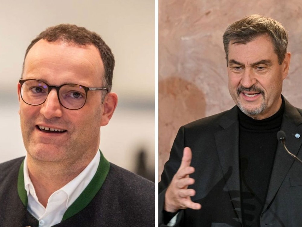 Im Podcast „Zwischen den Zeilen“ nahm Markus Söder (rechts) Jens Spahn in Schutz. (Bild: 2025 Getty Images/Hesham Elsherif / 2025 Getty Images/Hannes Magerstaedt (Fotomontage))