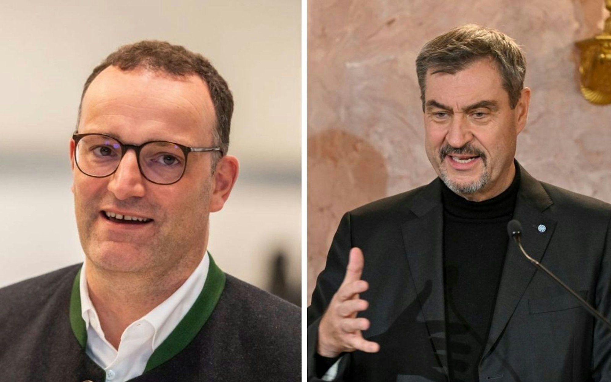 Im Podcast „Zwischen den Zeilen“ nahm Markus Söder (rechts) Jens Spahn in Schutz. (Bild: 2025 Getty Images/Hesham Elsherif / 2025 Getty Images/Hannes Magerstaedt (Fotomontage))