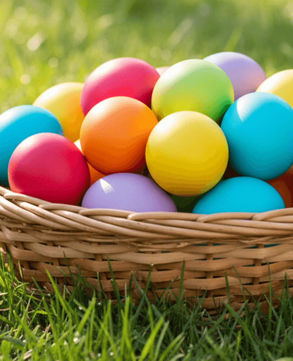 Bunte Ostereier in einem Weidenkörbchen auf grünem Gras im Frühlingslicht.