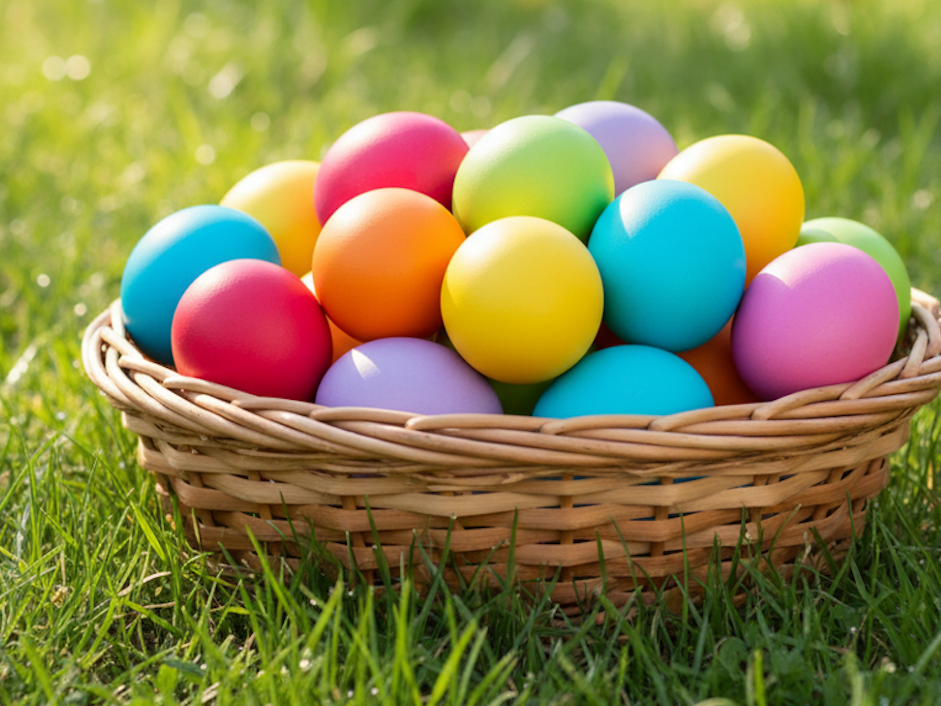 Bunte Ostereier in einem Weidenkörbchen auf grünem Gras im Frühlingslicht.