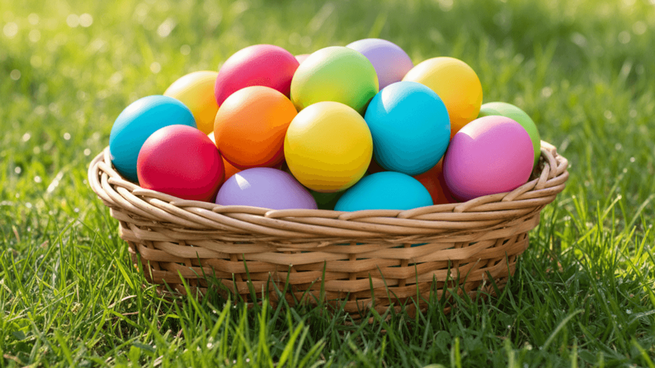 Bunte Ostereier in einem Weidenkörbchen auf grünem Gras im Frühlingslicht.