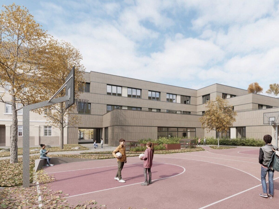 Die Visualisierung von Hahn Helten Architektur/nessel zeigt den Erweiterungsbau für die Martin-Köllen-Schule.