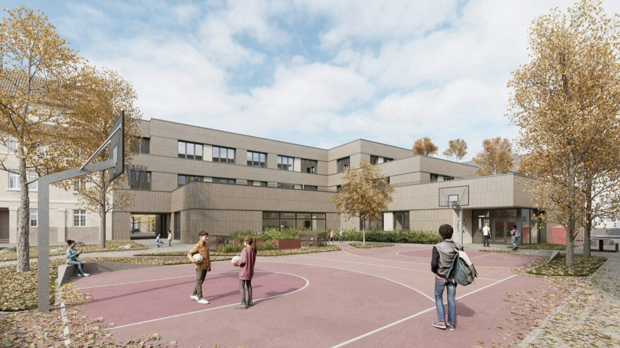 Die Visualisierung von Hahn Helten Architektur/nessel zeigt den Erweiterungsbau für die Martin-Köllen-Schule.